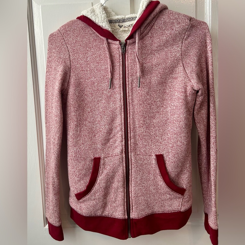 Roxy Heathered Pink Zip-Up Hoodie with Red Trim